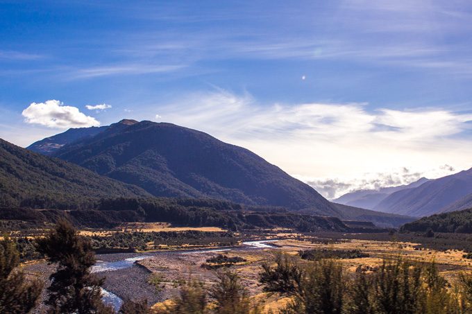 New Zealand river bed and mountains