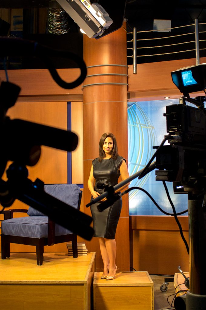 Jessica Peterson, news media TV host, in leather dress at KUAM studios, Guam
