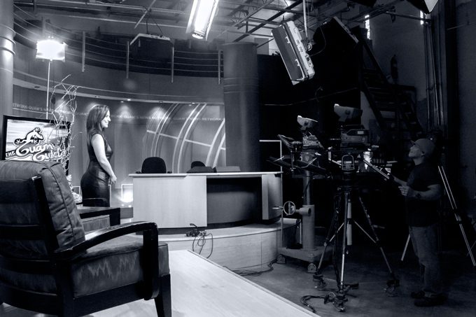 Jessica Peterson, news media TV host, in leather dress at KUAM studios, Guam