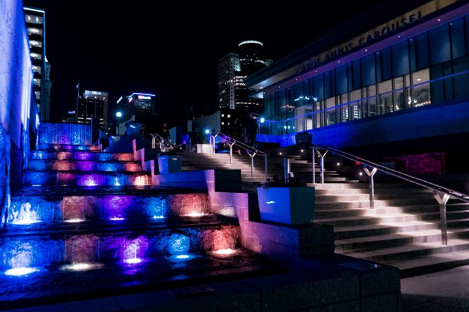 Night view of Smale Park fountains in Cincinnati, Ohio