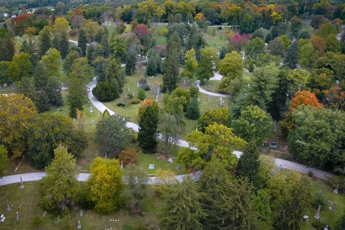 Aerial drone view of Spring Grove Cemetery in Cincinnati, Ohio