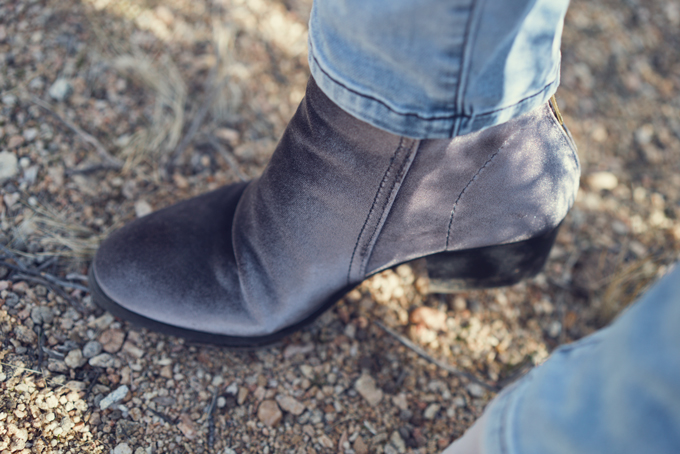 Anthropologie velvet booties worn by Jessica Peterson of Global Girl Travel at Joshua Tree National Forest Park in California