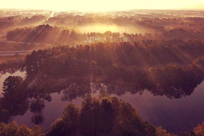 Savannah, Georgia farm and lake aerial drone sunrise