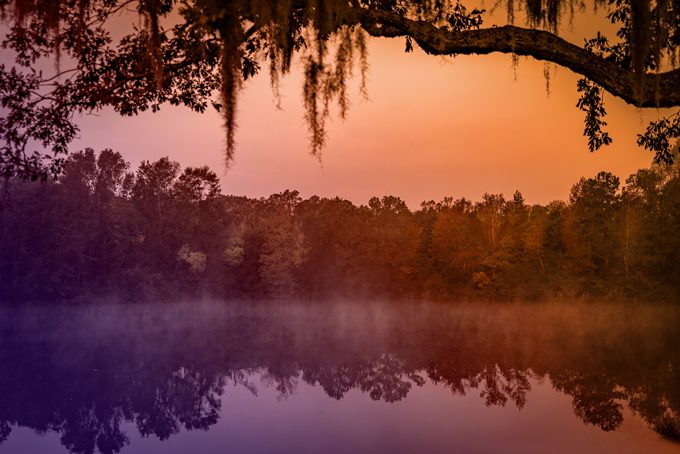 Savannah, Georgia sunrise over farm lake